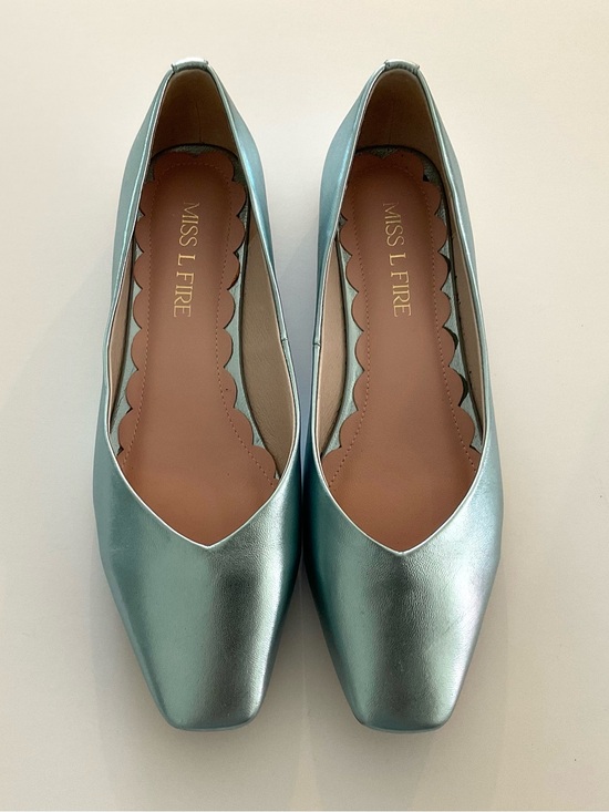 Miss L Fire Shoes - MISS L FIRE Metallic Mint Blue Square Toe Leather Flats Size EU 39 /9 NEW